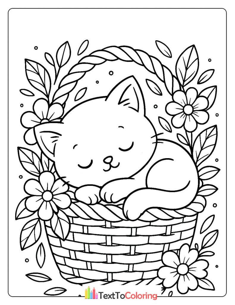 A black and white coloring page of a little kitten sleeping peacefully in a woven basket, surrounded by beautiful flowers and leaves.