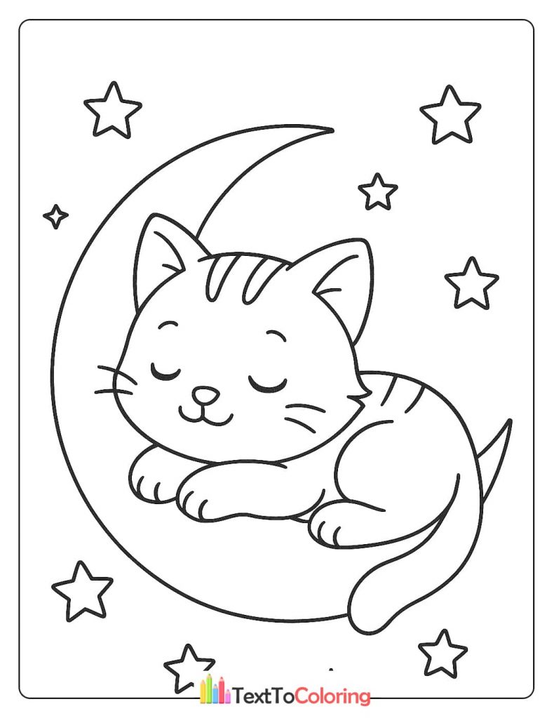 A calming coloring page featuring a peaceful kitten with stripes, sleeping on a crescent moon surrounded by stars.