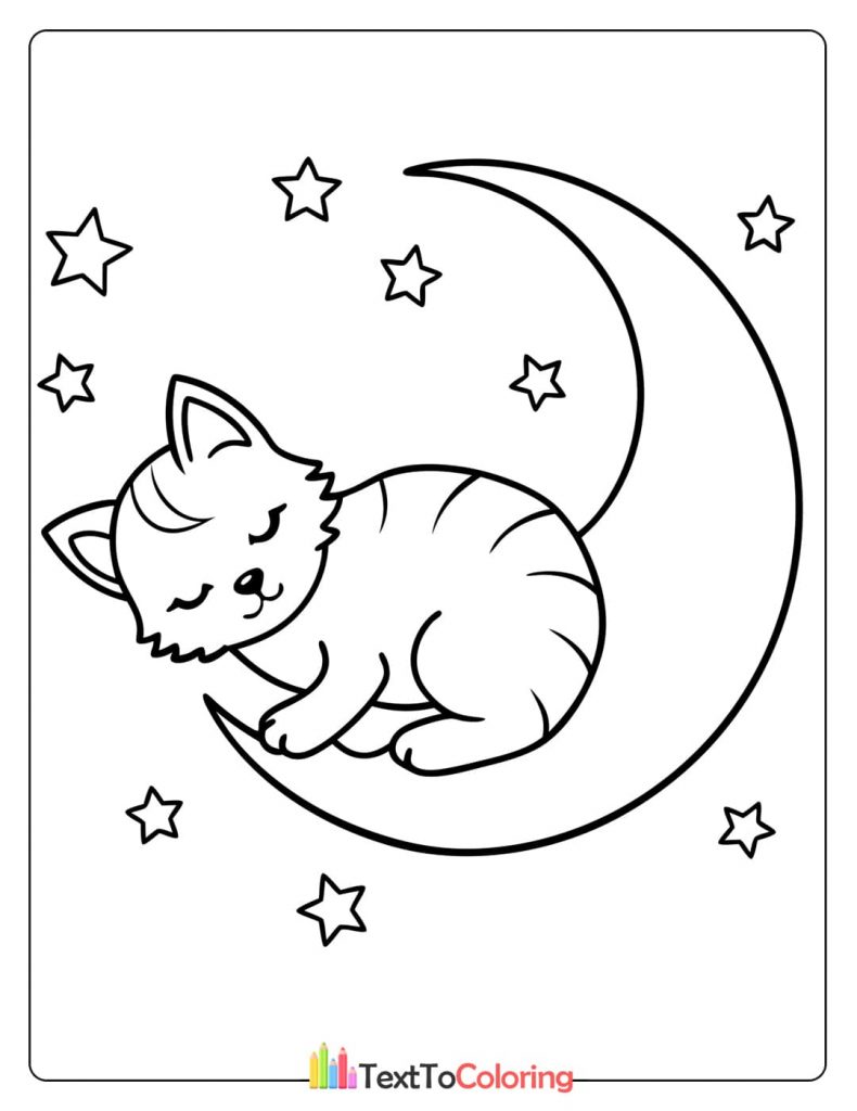 A whimsical kitten coloring page featuring a striped kitten sleeping soundly on a crescent moon, surrounded by stars.