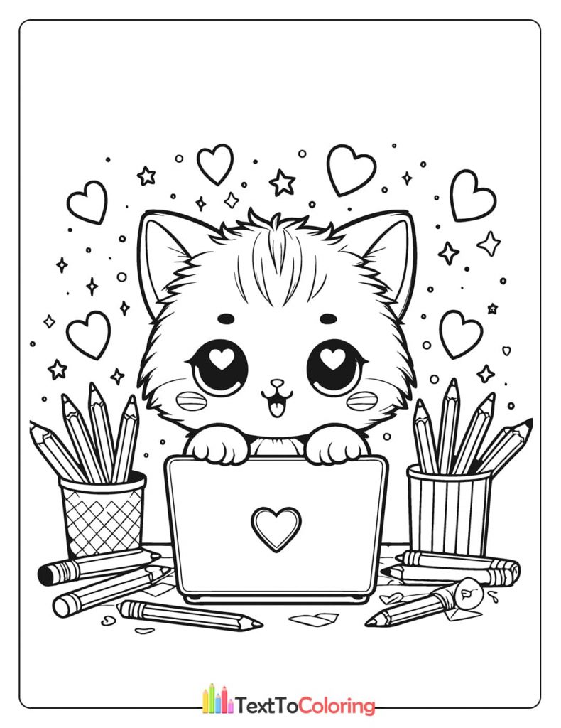 A detailed coloring page of a fluffy kitten sitting at a desk with a laptop, surrounded by pencils and hearts.
