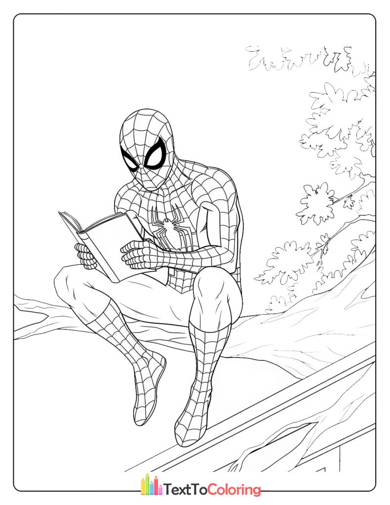 Spider-Man sitting on a tree branch reading a book in a peaceful scene