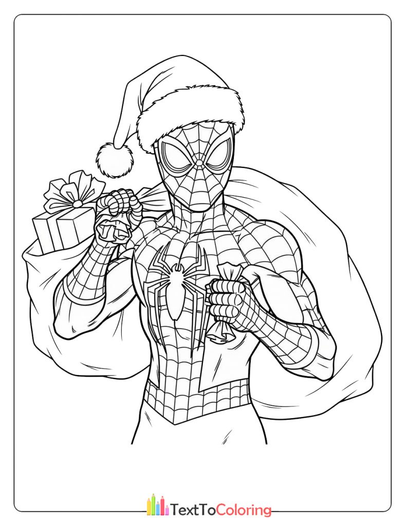 Printable Spiderman coloring page of Spider-Man in Santa hat holding a gift