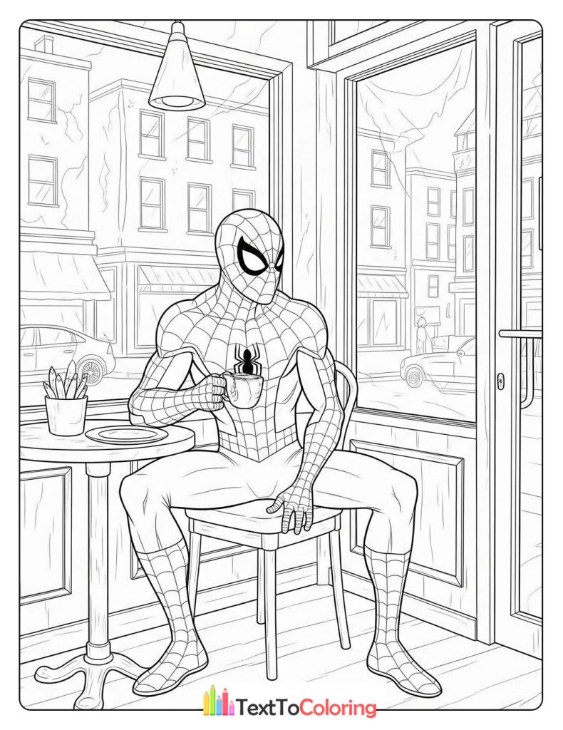 Spider-Man sitting at a cafe table with coffee
