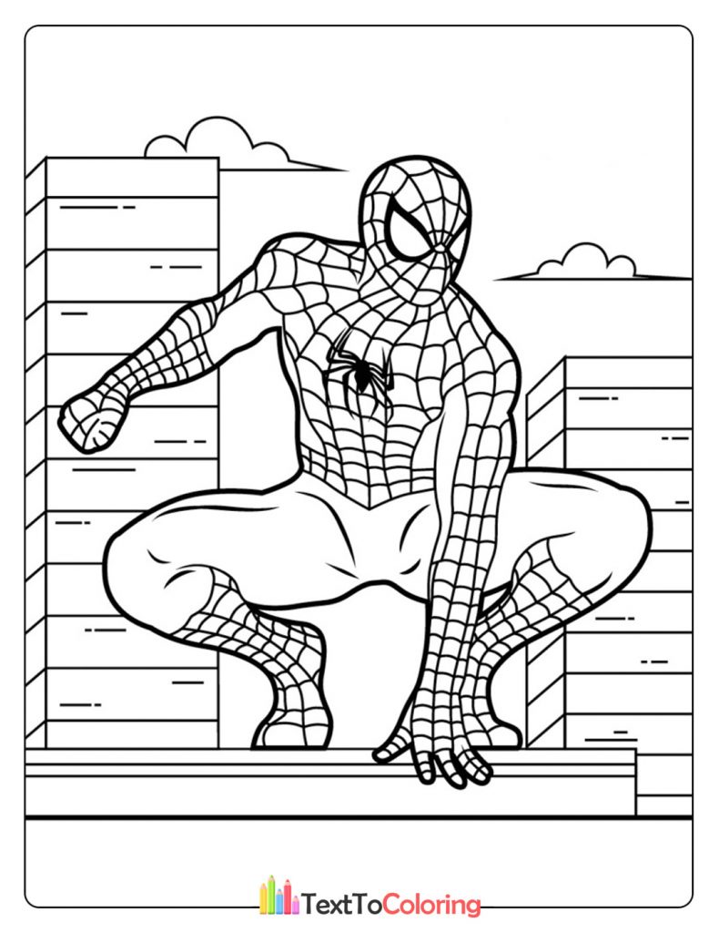 Printable Spiderman coloring page of Spider-Man crouching in the city skyline