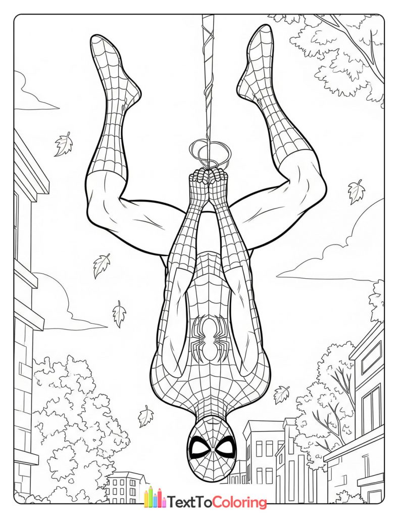 Spider-Man hanging upside down from his web in the city