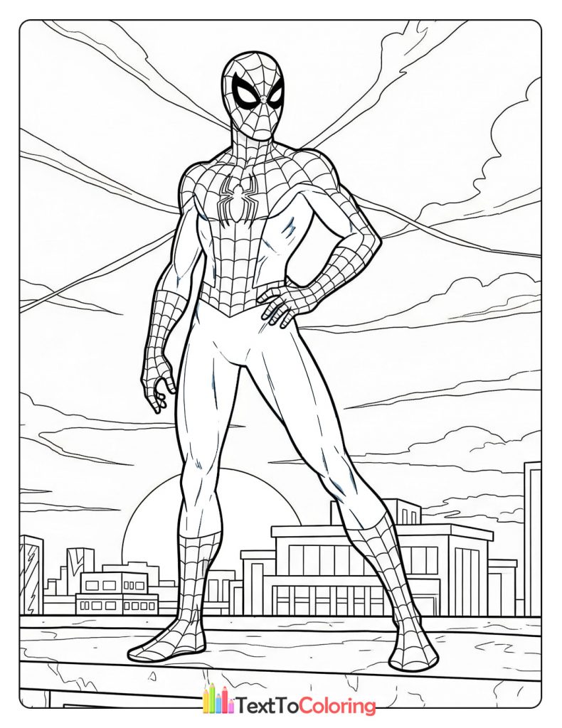 Spider-Man standing tall with the city skyline in the background