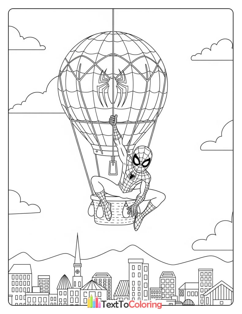 Printable Spiderman coloring page of Spider-Man riding a hot air balloon over the city