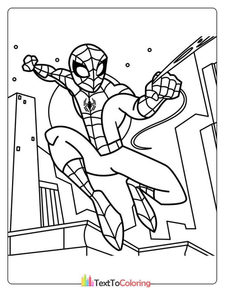 Free printable Spiderman coloring page of Spider-Man jumping forward with webs