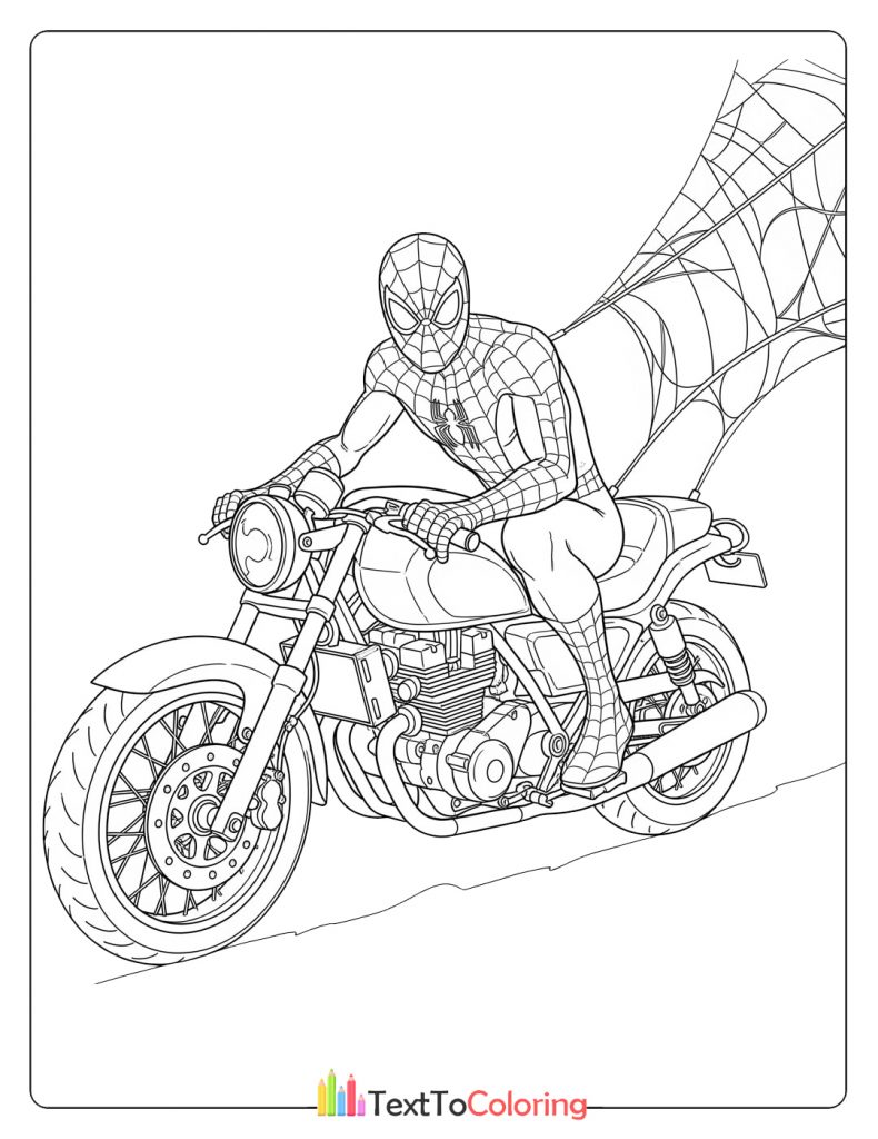 Spider-Man riding a motorcycle at high speed