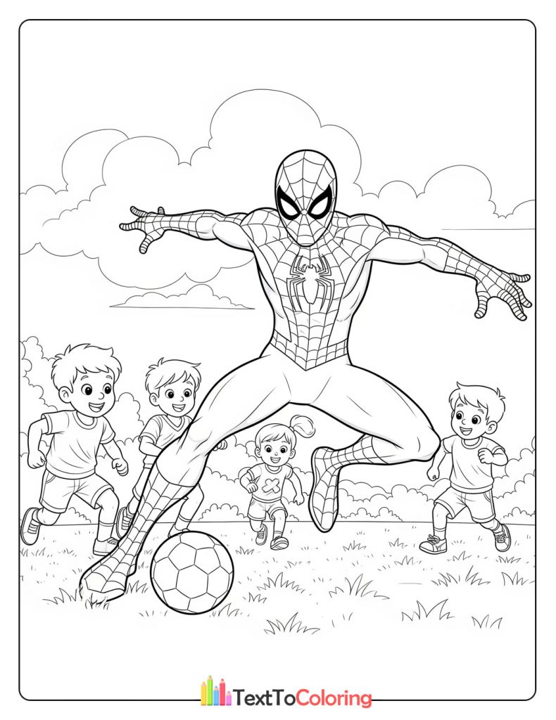 Spider-Man playing soccer with children in the park