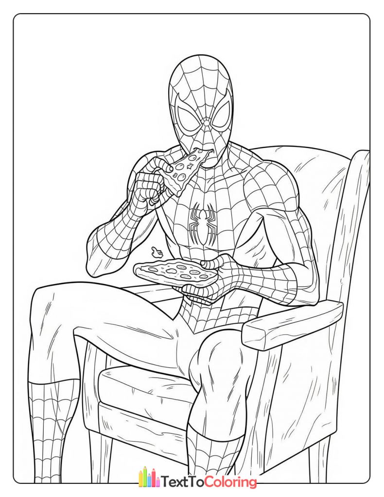 Spider-Man sitting in a chair eating a slice of pizza