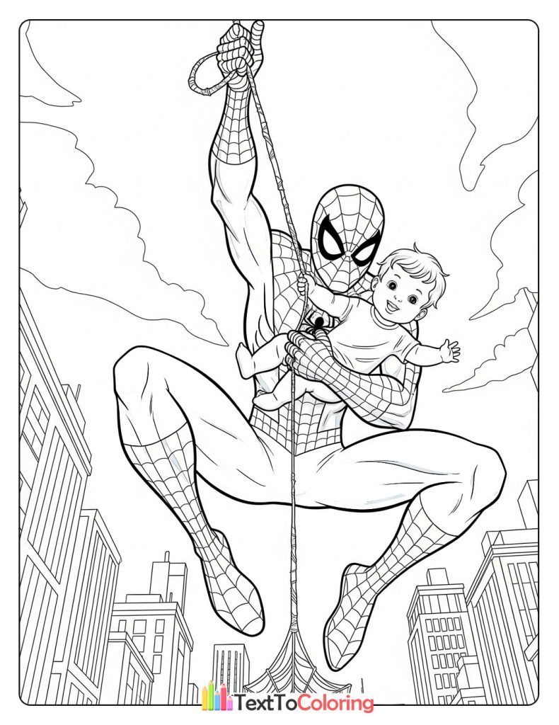 Free printable Spiderman coloring page of Spider-Man rescuing a child in the city