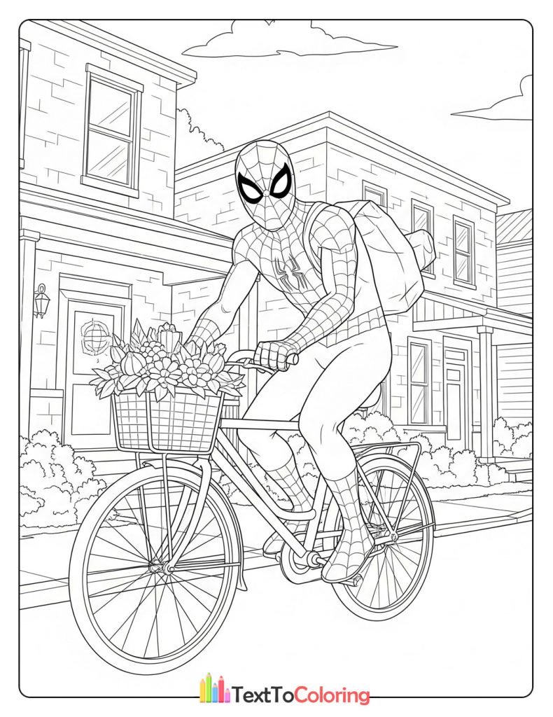 Spider-Man riding a bicycle with a basket of flowers