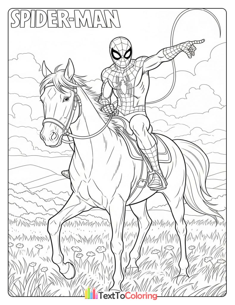 Printable Spiderman coloring page of Spider-Man riding a horse