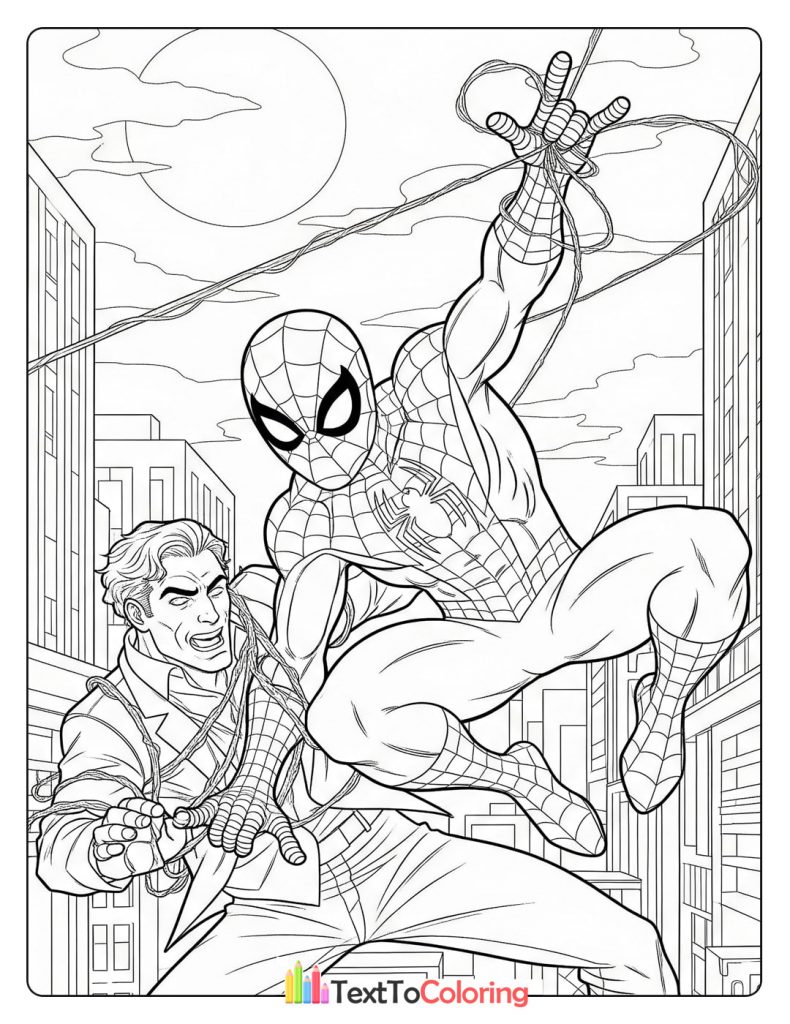 Free printable Spiderman coloring page of Spider-Man rescuing a man in the city