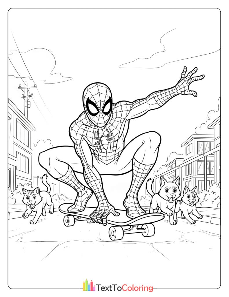 Free printable Spiderman coloring page of Spider-Man skateboarding with cats in the city