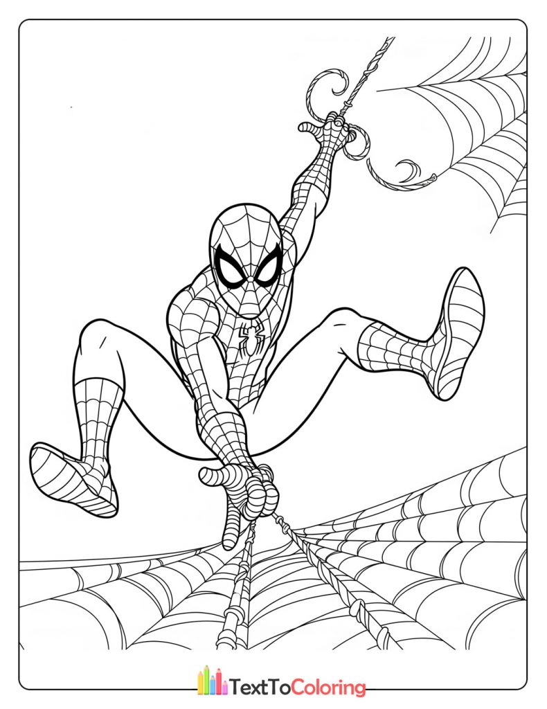 Free printable Spiderman coloring page of Spider-Man swinging on his web