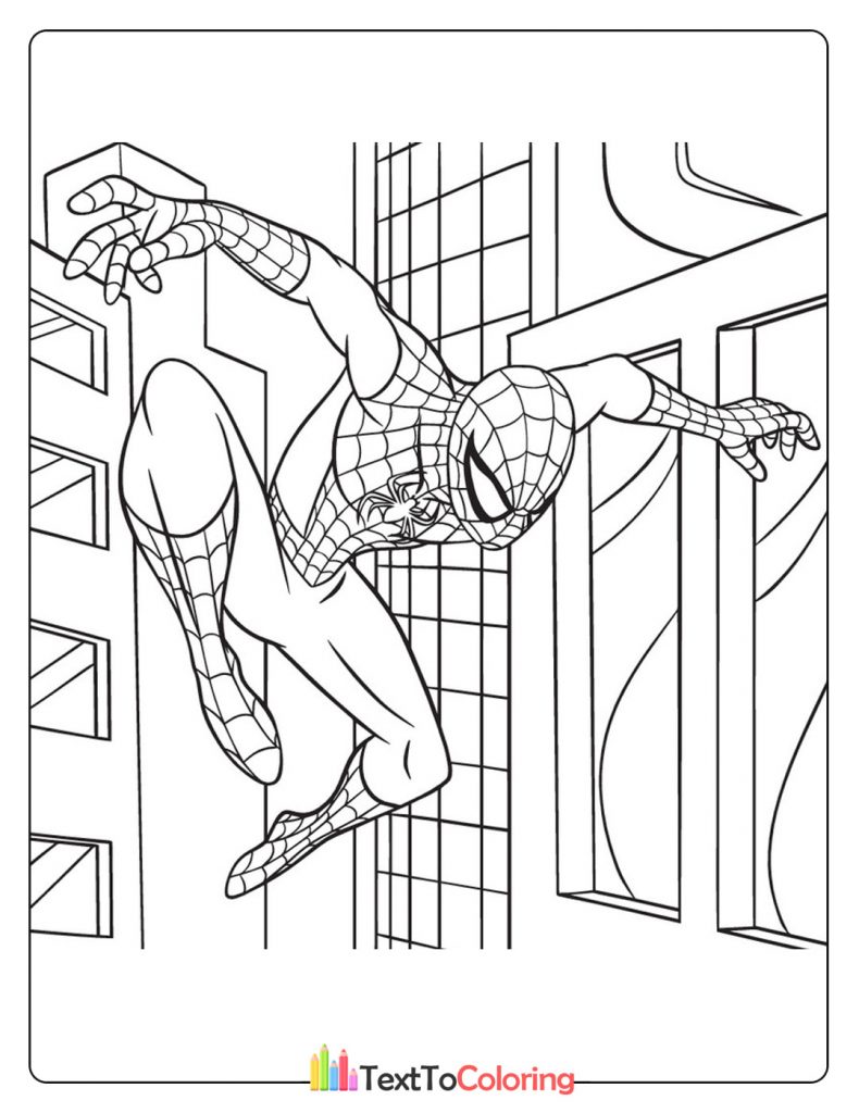 Spider-Man climbing down the side of a building