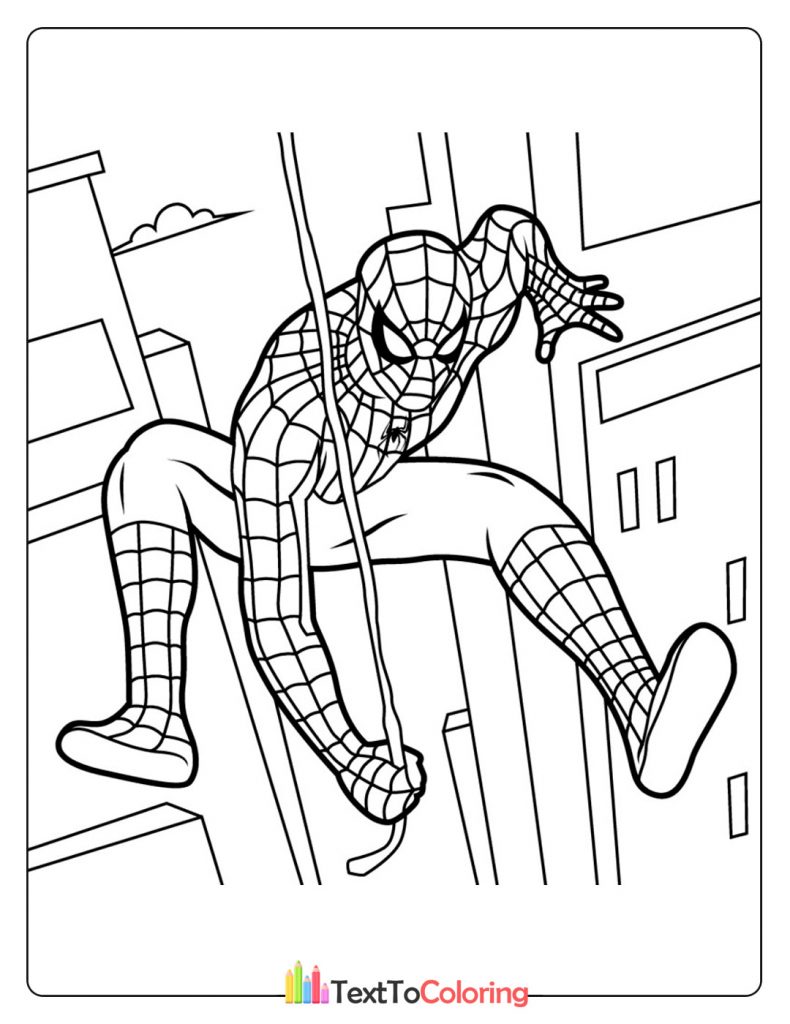 Free printable Spiderman coloring page of Spider-Man swinging along the side of a building