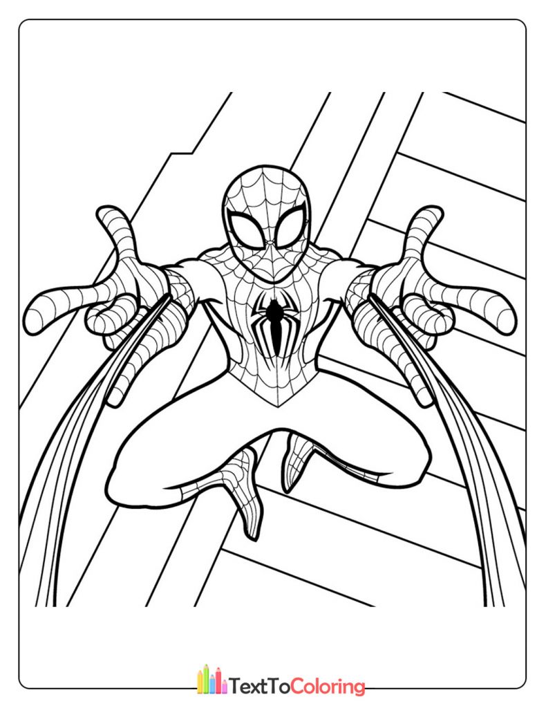 Printable Spiderman coloring page of Spider-Man shooting webs forward