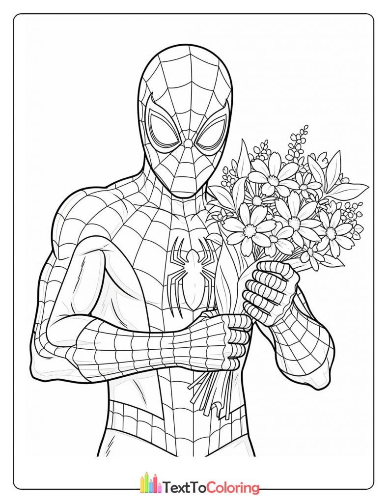 Spider-Man holding a bouquet of flowers