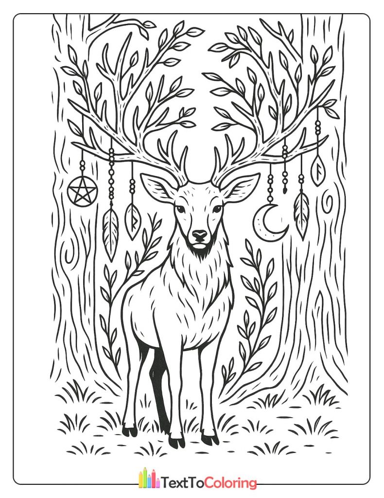 A black and white coloring page of a stag standing between two large trees with carved patterns. Its antlers are adorned with feathers, beads, and a crescent moon, representing a forest spirit.