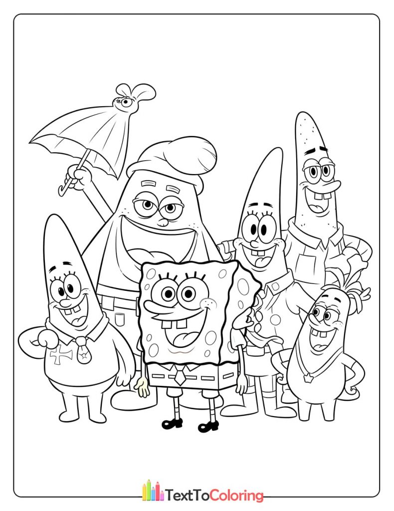 Printable coloring page of SpongeBob with Patrick, Sandy, Squidward, and Mr. Krabs