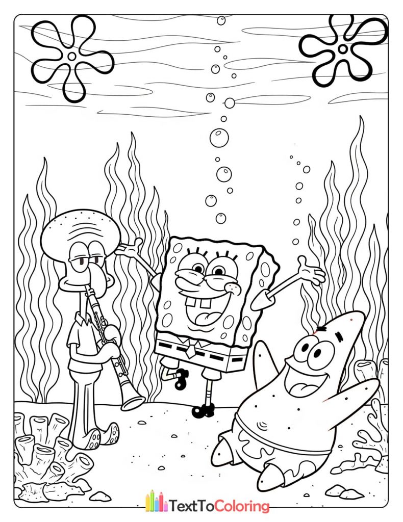 Printable coloring page of SpongeBob with Patrick and Squidward underwater