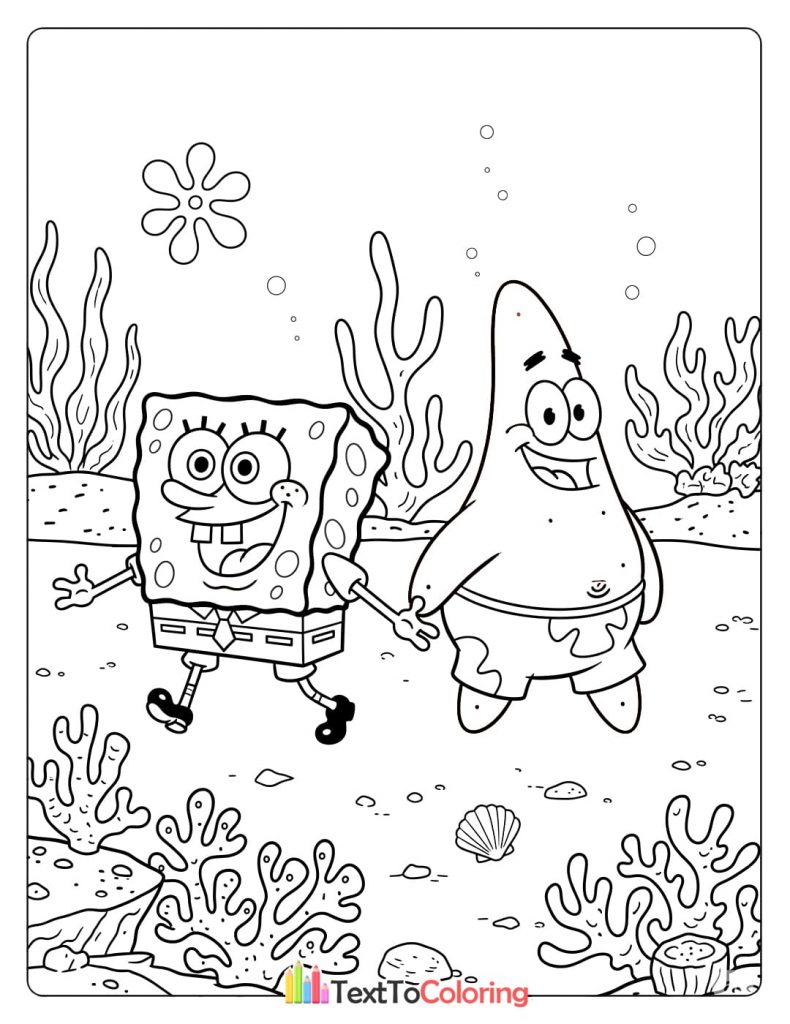 Coloring page of Spongebob and Patrick running under the sea