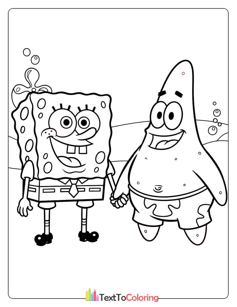 Coloring page of Spongebob and Patrick holding hands happily