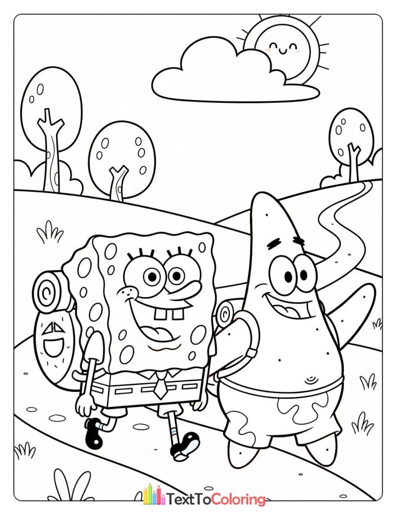 Coloring page of Spongebob and Patrick hiking up a mountain trail