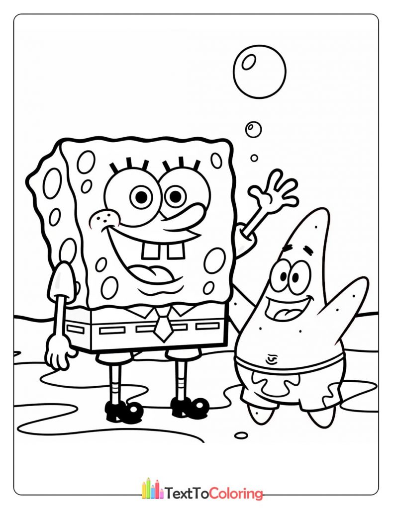 Coloring page of Spongebob and Patrick blowing bubbles