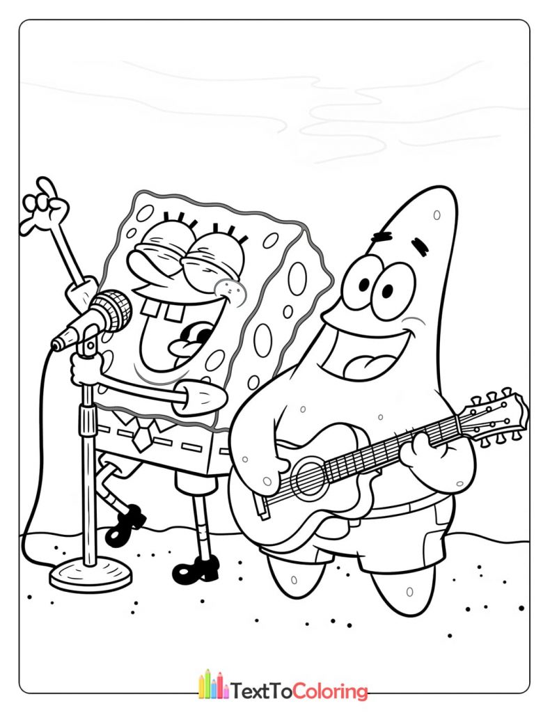 Coloring page of Spongebob singing and Patrick playing guitar