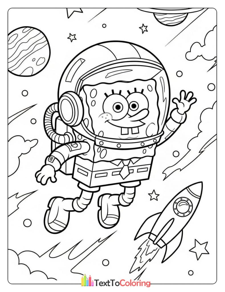 Free download coloring page of Spongebob as an astronaut in space