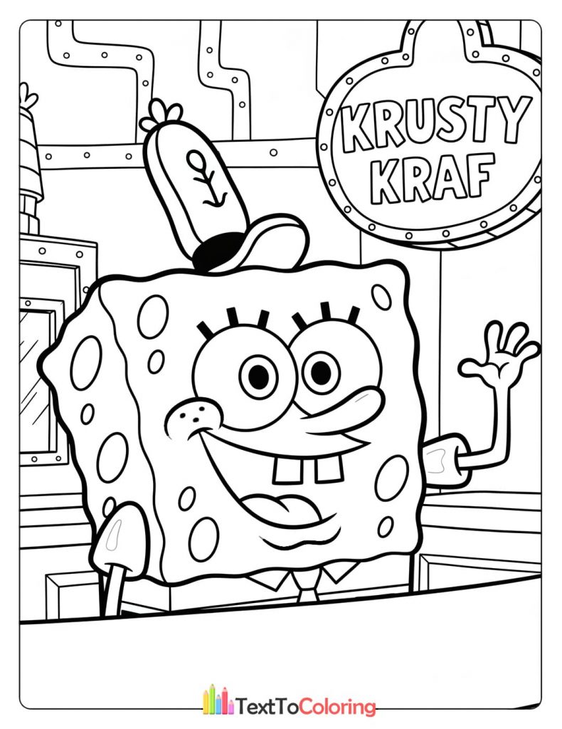 Coloring page of Spongebob smiling at the Krusty Krab