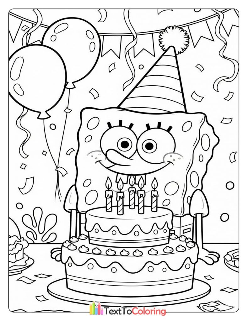 Free download printable coloring page of Spongebob birthday cake