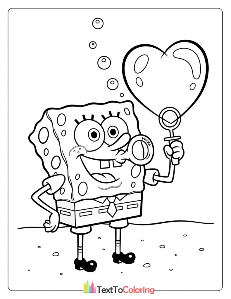 Coloring page of Spongebob blowing a heart-shaped bubble