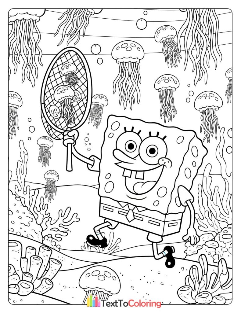 Coloring page of Spongebob jellyfishing with a net