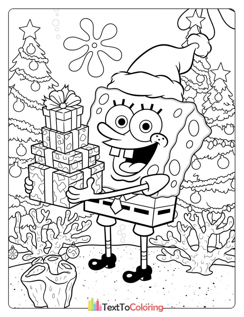 Coloring page of Spongebob carrying Christmas presents with a Santa hat