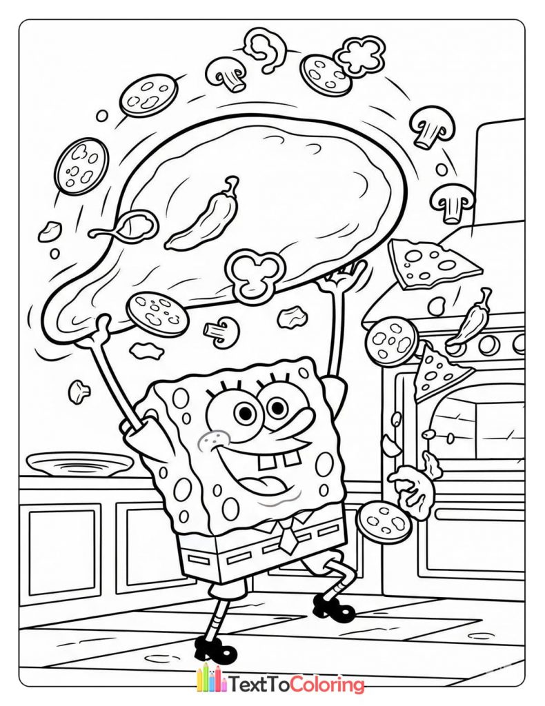 Free printable coloring page of Spongebob making a giant Krabby Patty PDF