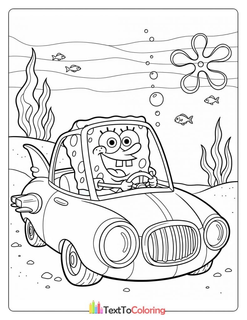 Free Spongebob underwater car coloring page printable download