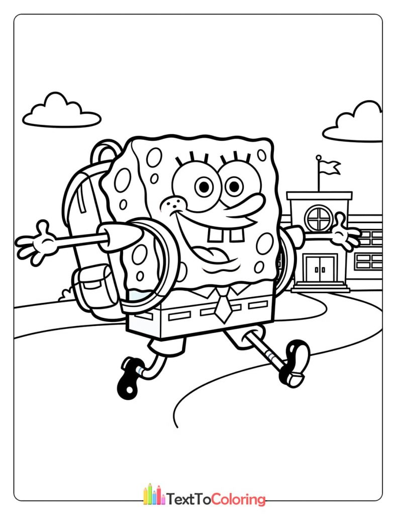 Coloring page of Spongebob carrying a school backpack