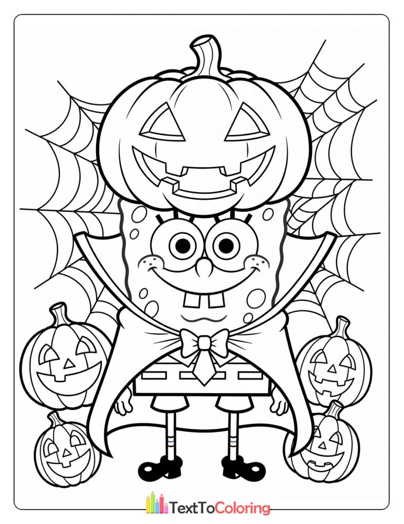 Coloring page of Spongebob in a Halloween pumpkin costume