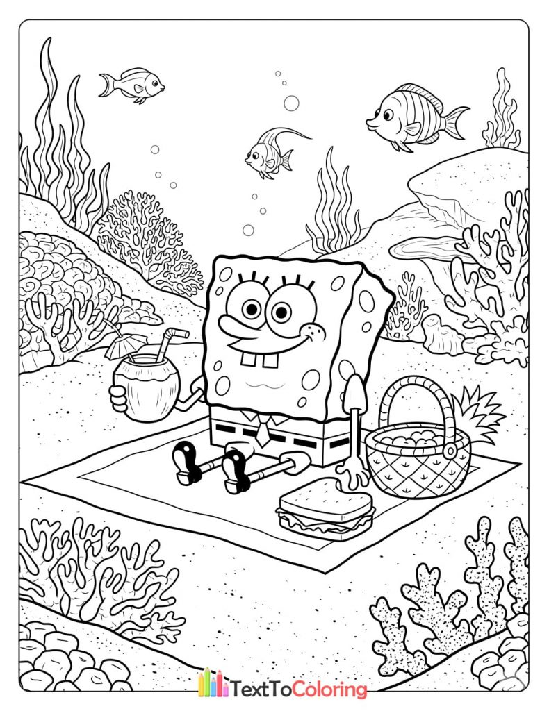 Coloring page of Spongebob enjoying a picnic underwater