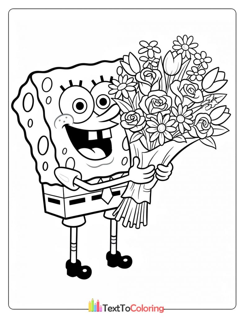 Coloring page of Spongebob with a bouquet of flowers