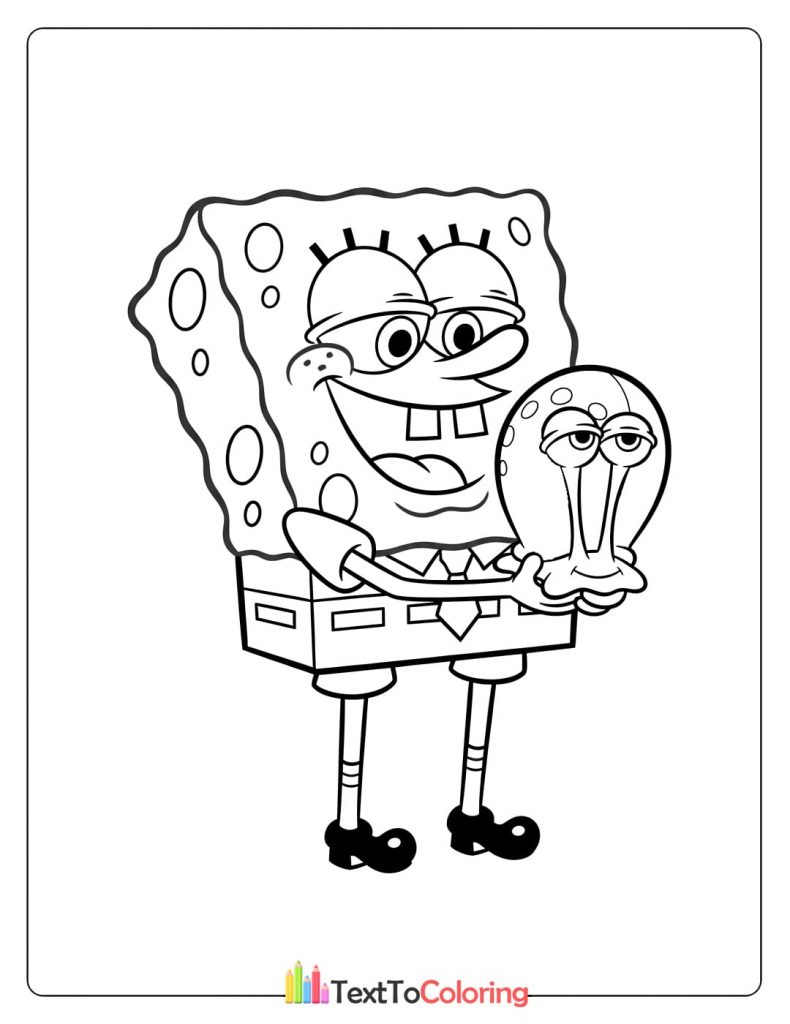 Coloring page of Spongebob carrying his pet Gary
