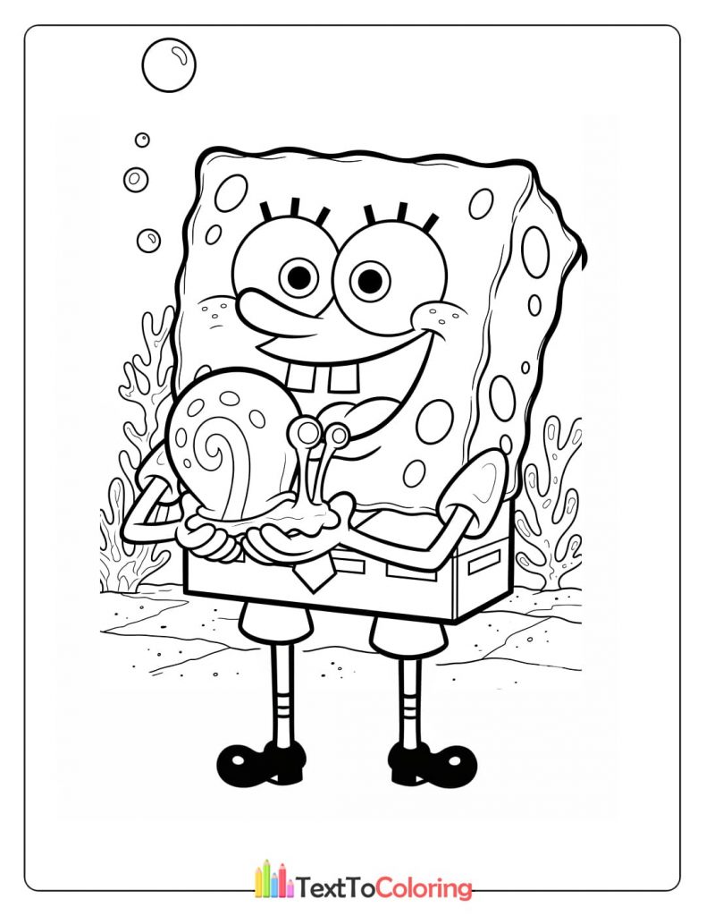Free printable coloring page of Spongebob hugging Gary the snail