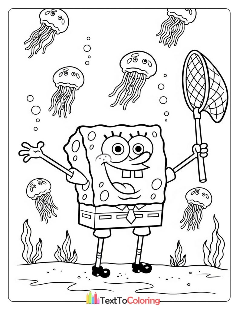 Free printable coloring page of Spongebob jellyfishing with a net PDF