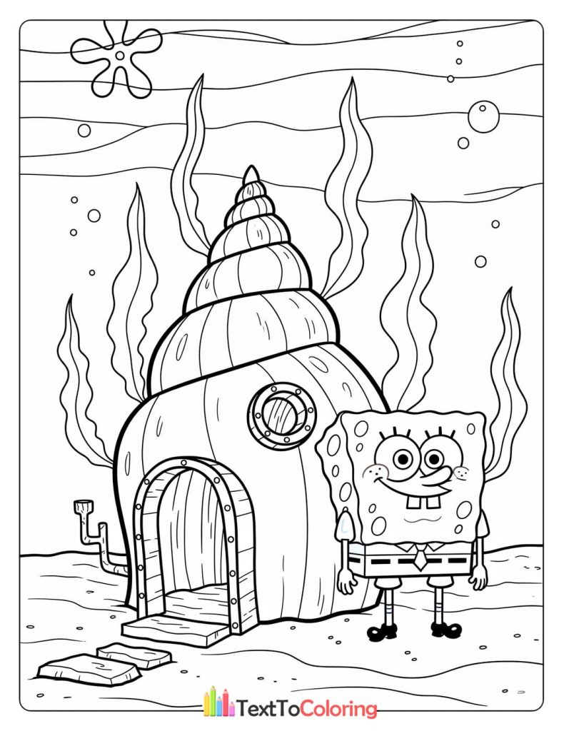 Coloring page of Spongebob outside his seashell house