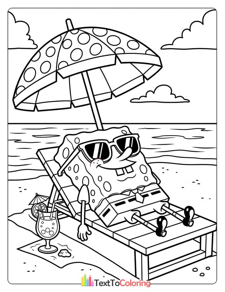 Coloring page of Spongebob sunbathing on the beach under an umbrella